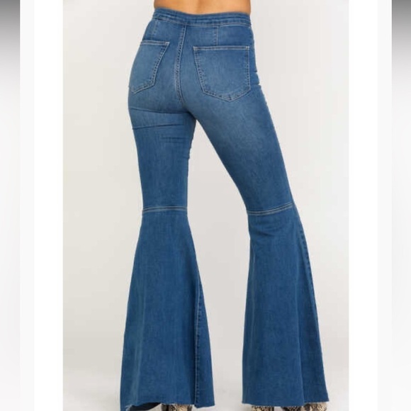 Free People- Dark Wash Stretch Denim Extra Large Flare Bell Bottom Jean Pants - Picture 1 of 8